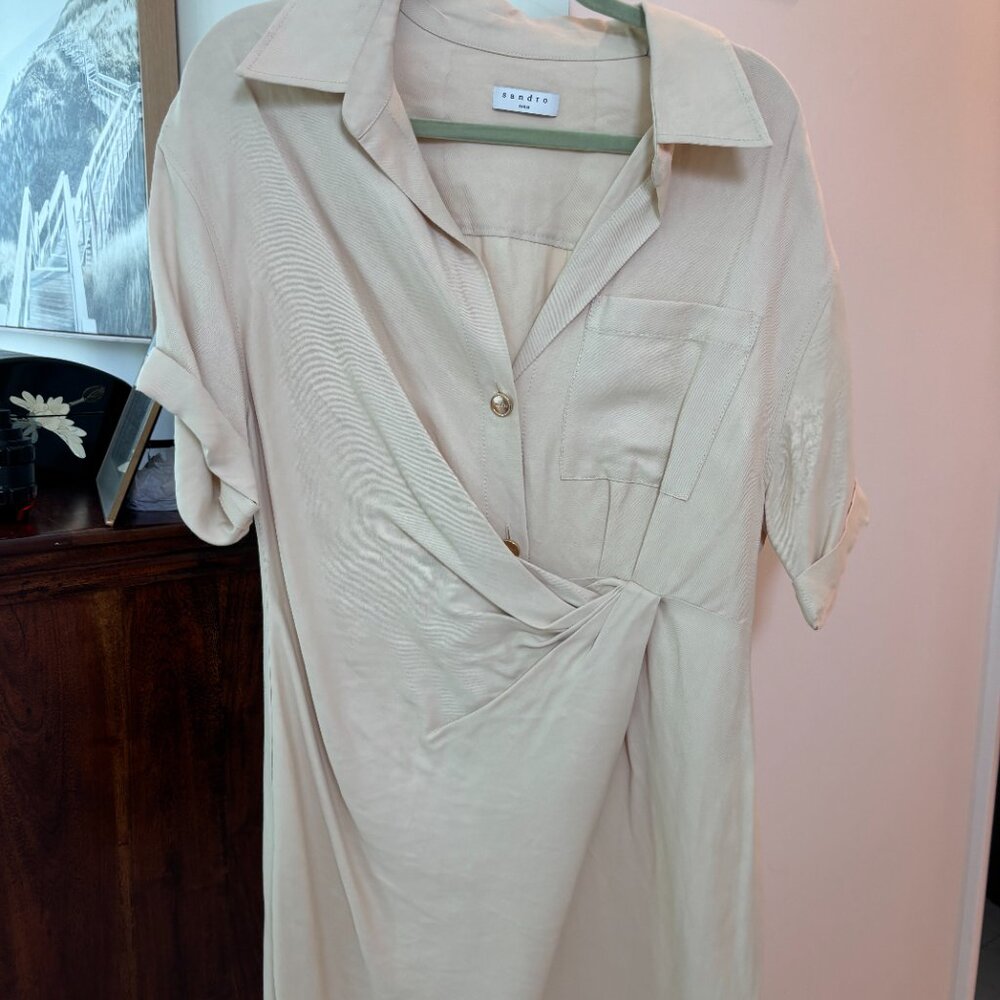 SANDRO, Elba Draped Twill Mini Dress In Beige,‎ SZ 40 - Picture 6 of 10
